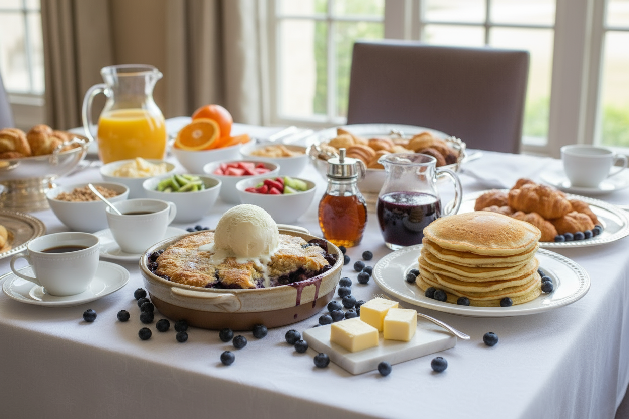 photo of blueberry cobbler topped with ice cream