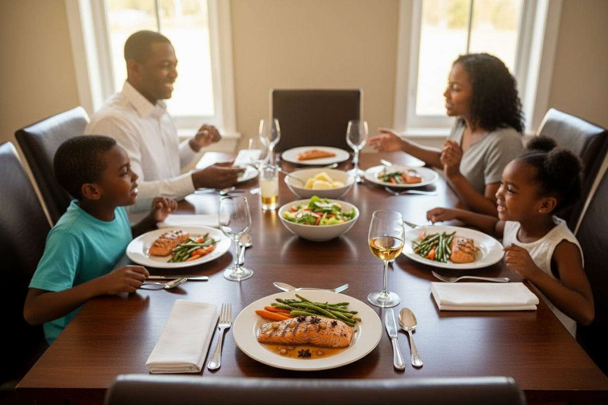 add som vegetables to the plate and African American family enjoying the dish