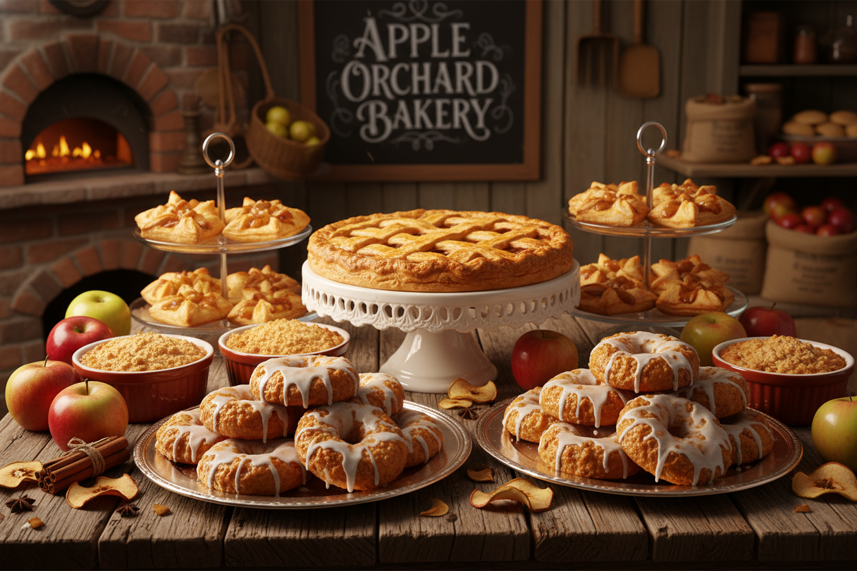 dessert table with different apple pastries like pies, apple frittas, apple cobbler, and puff pastries