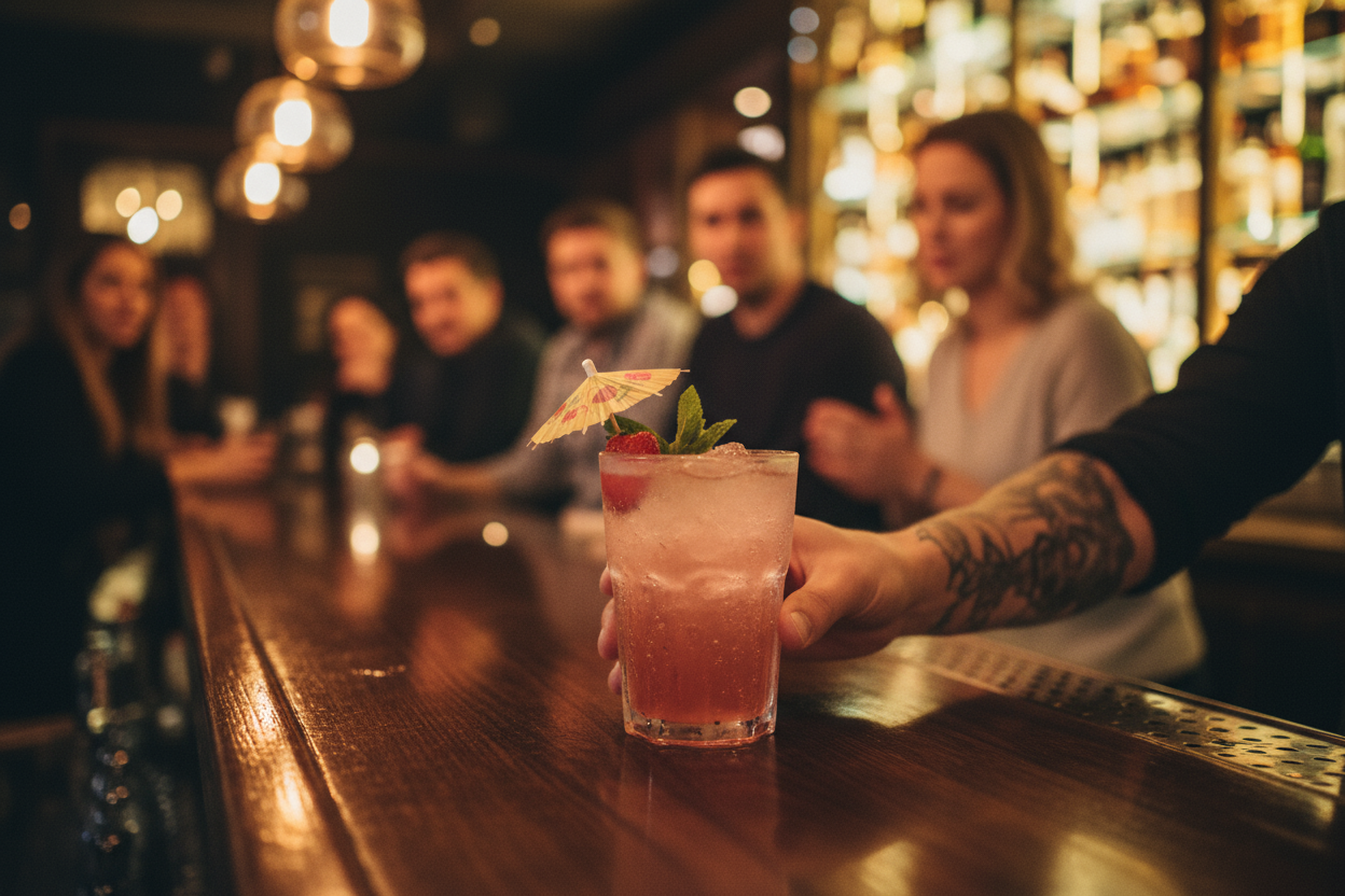 reach for the glass from the other side of the bar