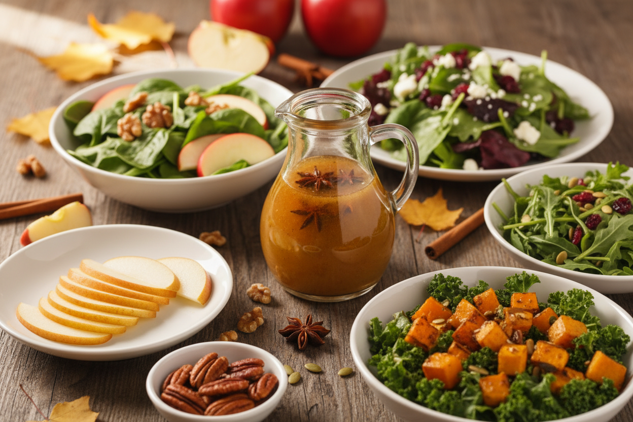 spiced apple vinaigrette salad dressing and a table of salads that it goes well with